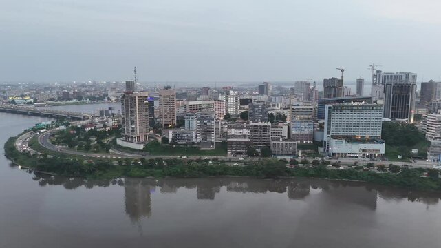 Aerial video over Abidjan Ivory Coast in the evening