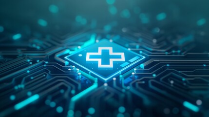 Blue medical cross icon on circuit board in digital space, 3d illustration.