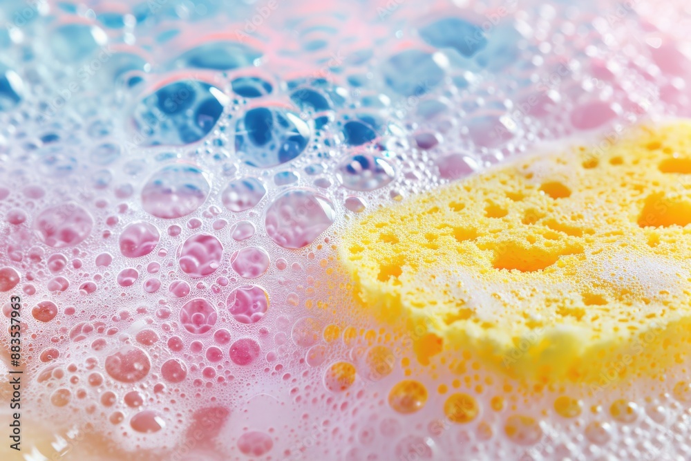 Poster A close-up view of soap bubbles on a surface, perfect for use in illustrations or designs where delicate and transparent elements are required