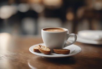 Fototapeta premium Espresso shot in a small porcelain cup with a biscotti in an elegant Italian cafe