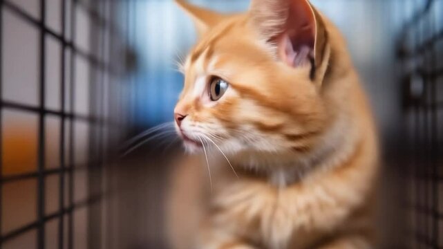 cute sad cat locked in a cage

