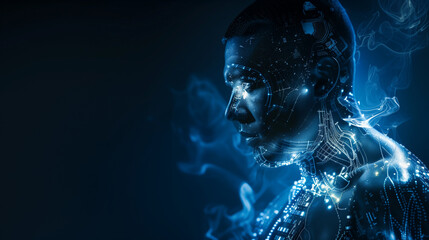 Obraz premium Futuristic cybernetic man the intersection of technology and humanity. Dark blue lighting