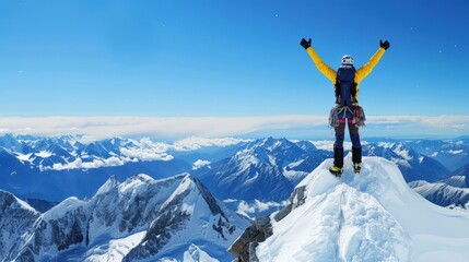 Climber reaching the summit of a snow-covered peak, celebrating their victory with arms raised against a backdrop of endless mountain ranges and a clear blue sky.