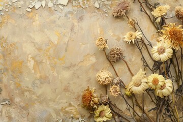 Close-up shot of dried flowers sitting on top of a wall, with a rustic and natural look