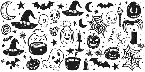 A festive Halloween-themed doodle collection featuring various spooky elements. Includes witch hats, skulls, pumpkins, bats, spiders, cauldrons, candles, stars, spider webs, moons, ghosts, and other.
