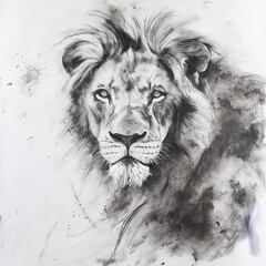 Lion black and white painting capturing the essence of majesty and power, perfect for sophisticated and bold art collections.