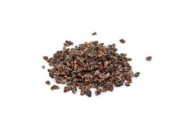 Heap of cocoa nibs, isolated on white background