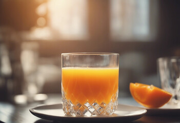 Fresh orange juice in a crystal glass with an orange slice in a luxury breakfast setting