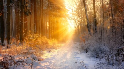 Naklejka premium Sunrise Breaking Through Winter Forest; Concept of Morning Light, Snowy Woods, Winter Nature, Serene Landscape