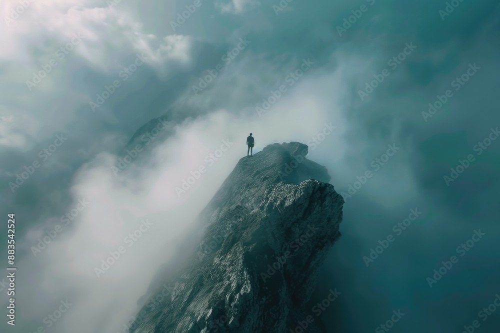 Poster a person stands at the top of a mountain on a cloudy day, surrounded by misty peaks and atmospheric 