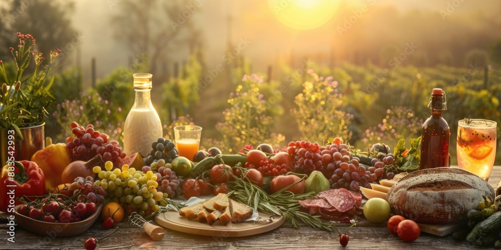 Poster a wooden table filled with various types of food, ideal for use in editorial or commercial contexts