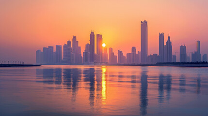 Obraz premium Iconic Landmarks: Notable structures such as the Etihad Towers and the Sheikh Khalifa Bridge stand majestically, their architectural elegance enhanced by the warm glow of the setting sun. 