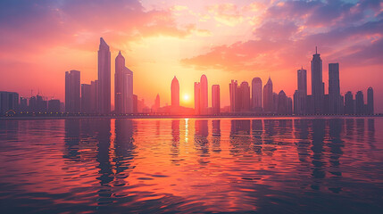 Iconic Landmarks: Notable structures such as the Etihad Towers and the Sheikh Khalifa Bridge stand majestically, their architectural elegance enhanced by the warm glow of the setting sun.

