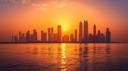 Obraz premium Iconic Landmarks: Notable structures such as the Etihad Towers and the Sheikh Khalifa Bridge stand majestically, their architectural elegance enhanced by the warm glow of the setting sun. 