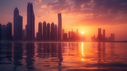 Iconic Landmarks: Notable structures such as the Etihad Towers and the Sheikh Khalifa Bridge stand majestically, their architectural elegance enhanced by the warm glow of the setting sun.
