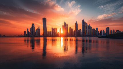 Iconic Landmarks: Notable structures such as the Etihad Towers and the Sheikh Khalifa Bridge stand majestically, their architectural elegance enhanced by the warm glow of the setting sun.
