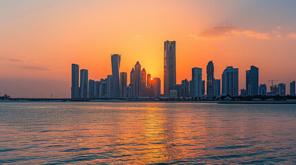 Iconic Landmarks: Notable structures such as the Etihad Towers and the Sheikh Khalifa Bridge stand majestically, their architectural elegance enhanced by the warm glow of the setting sun.
