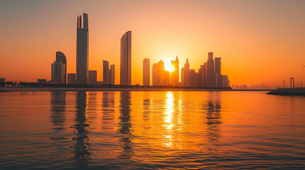 Iconic Landmarks: Notable structures such as the Etihad Towers and the Sheikh Khalifa Bridge stand majestically, their architectural elegance enhanced by the warm glow of the setting sun.

