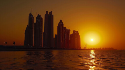 Iconic Landmarks: Notable structures such as the Etihad Towers and the Sheikh Khalifa Bridge stand majestically, their architectural elegance enhanced by the warm glow of the setting sun.

