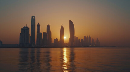 Iconic Landmarks: Notable structures such as the Etihad Towers and the Sheikh Khalifa Bridge stand majestically, their architectural elegance enhanced by the warm glow of the setting sun.
