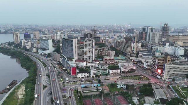 Aerial video over Abidjan Ivory Coast in the evening