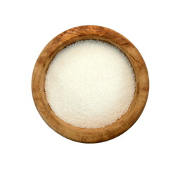natural sea salt in wooden bowl isolated on white background.