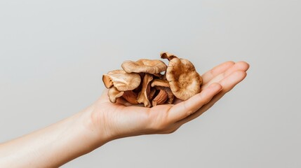 Caucasian hand holding wild mushrooms against beige background. Concept of organic food, foraging, natural ingredients, autumn harvest. Copy space