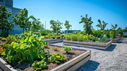 Naklejka premium Urban rooftop garden with raised beds in a cityscape environment. Concept of urban farming, sustainable living, city gardening, green spaces