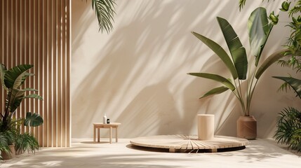 Serene minimalist room with wooden furniture and lush indoor plants. Concept of interior design, home decor, relaxation, natural aesthetics