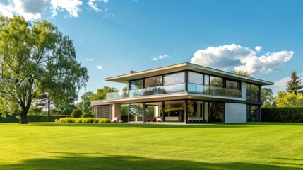 Fototapeta premium Modern luxury house with large windows and spacious lawn. Concept of architecture, real estate, design, upscale living, villa. Modern exterior of the mansion