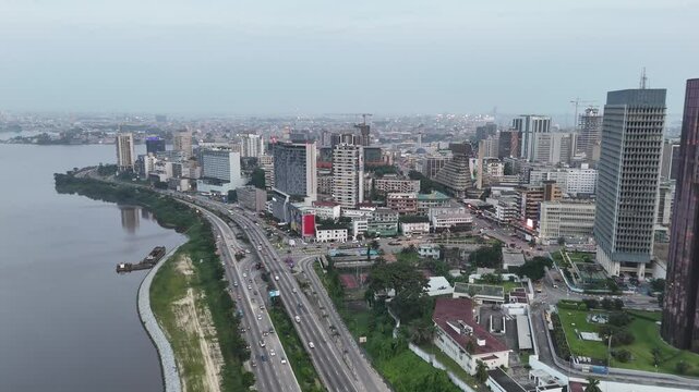 Aerial video over Abidjan Ivory Coast in the evening