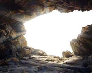 Empty rock cave with sunlight streaming through the entrance on transparent background