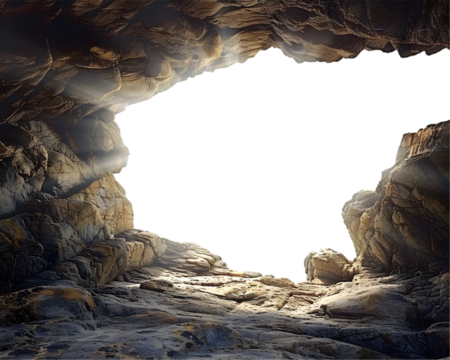 Empty rock cave with sunlight streaming through the entrance on transparent background