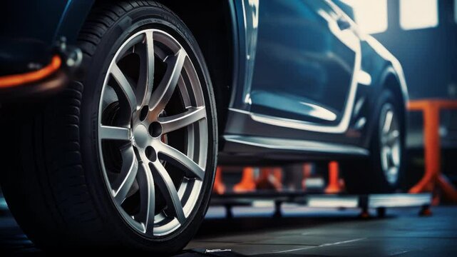 Car in the workshop. Wheel alignment or repair in progress.