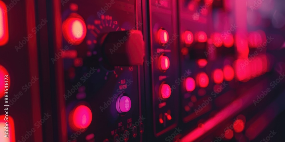 Poster A detailed view of a control panel with red lights indicating activity, useful for technology and industry images