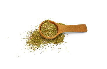 dried thyme leaves in a wooden spoon,  isolated on white background