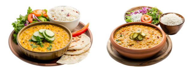 Indian Dal chawal with a side of pickles of salad on transparent background
