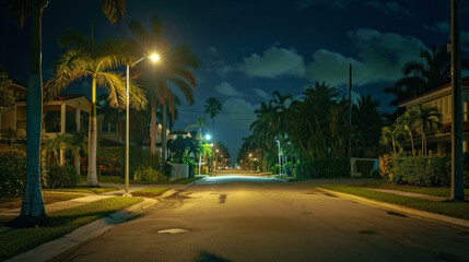 Naklejka premium Palm Trees: Lining the street, tall palm trees sway gently in the warm night breeze, their fronds rustling softly against the backdrop of a clear sky. 