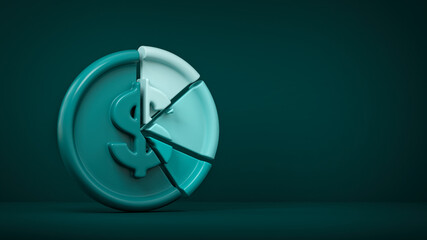Blue-green dollar coin divided into pie chart. Investment, tax, inflation, budget concept. 3D illustration render.
