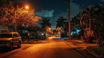 Fototapeta premium Palm Trees: Lining the street, tall palm trees sway gently in the warm night breeze, their fronds rustling softly against the backdrop of a clear sky. 