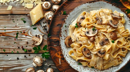 Fototapeta premium Delicious Creamy Fettuccine Alfredo with Mushrooms and Tomatoes on a White Plate. Concept of Italian Cuisine, Comfort Food, Gourmet Pasta, Savory Meal, Pasta with mushrooms. Copy space