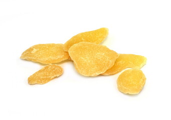 Dried ginger with sugar on a white background. Dried candied ginger isolated.