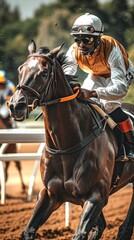Fototapeta premium African American male jockey in racing gear riding a horse. Concept of sport, equestrian, competition, athlete. Vertical