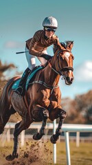 Caucasian female jockey riding a horse in a horse racing track. Concepts of equestrian sport, competition, speed, and athlete. Vertical