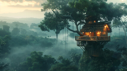 Wood house on the top of the tree in the jungle