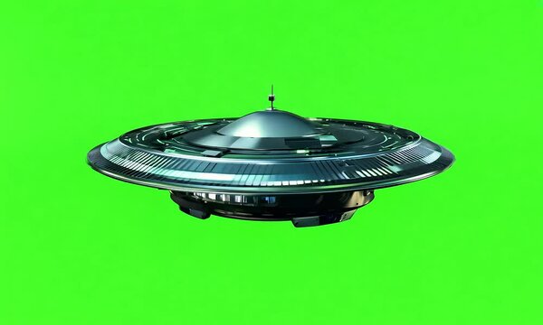 A 3D rendering of a sleek, metallic UFO or alien spaceship hovering against a bright chroma key green screen background