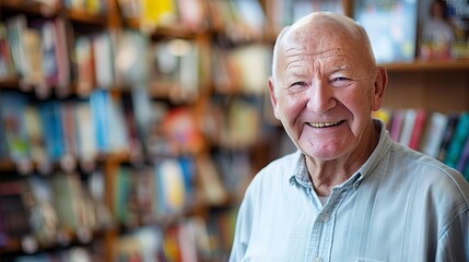 Elderly Caucasian man in a library with bookshelves in the background. Concept of senior education, learning, wisdom, knowledge acquisition. Copy space