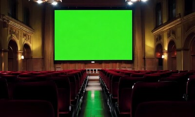 A grand movie theater with red velvet seats arranged in rows facing a chroma key green screen (mov)