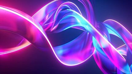 Futuristic concept rendered in 3D showcasing a colorful background with abstract shapes glowing in the ultraviolet spectrum characterized by curvy neon lines representing energy