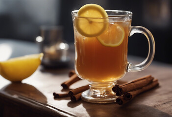 Hot toddy in a glass mug with a cinnamon stick and lemon slice in a cozy, upscale pub